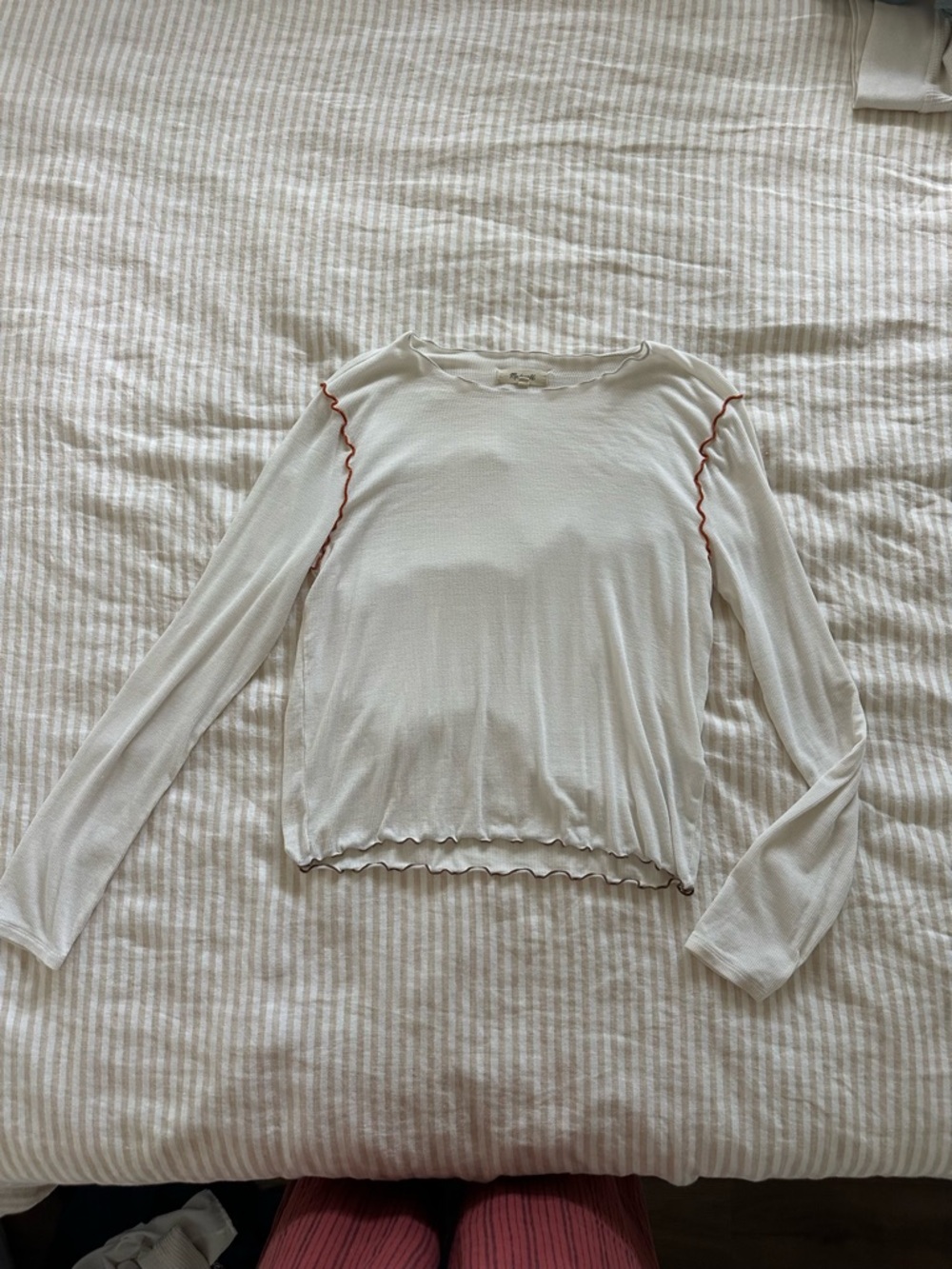 Madewell White Long Sleeve Tee with Red Contrast Lettuce Hem